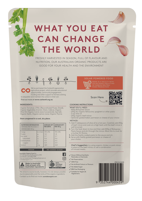 Australian Organic Food Co Tomato Bolognese Pasta Sauce