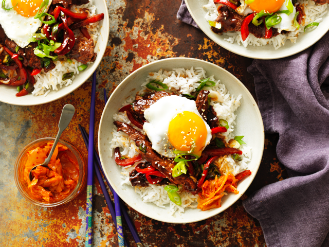 Korean BBQ Beef With Kimchi And Fried Egg