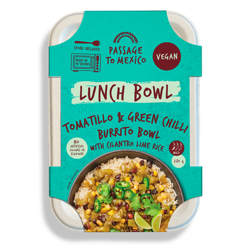 Passage to Mexico - Tomatillo and Green Chilli Burrito Bowl with Cilantro Lime Rice Lunch Bowl